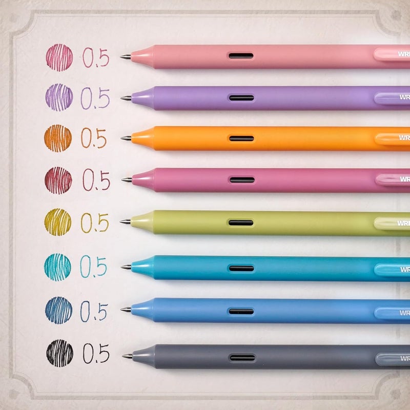 WRITECH أقلام جل ذات نقطة دقيقة: 8 قطع 0.5 مم بألوان حبر متعددة قابلة للسحب لكتابة سلسة وتدوين الملاحظات وتدوين اليوميات وتلوين متنوع بدون تسرب أو لطخات أو بقع (مجموعة عتيقة) - Image 3